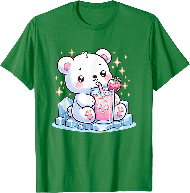 Cute Japanese Kawaii Animals Drinking Milk Co. Cute Kawaii Style Polar Bear Drinking Strawberry Milk T-Shirt - Kelly Green