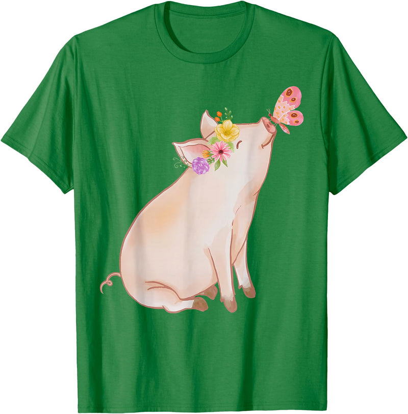 Watercolor Pink Pig With Floral And Butterfly Farm Design T-Shirt - Kelly Green