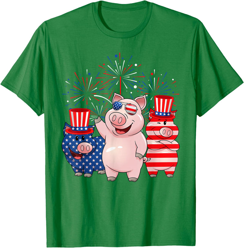 Ohia Three Patriotic Pigs USA Independence Day Tee Funny Red White Blue Pig American Flag Farmer 4th Of July T-Shirt - Kelly Green