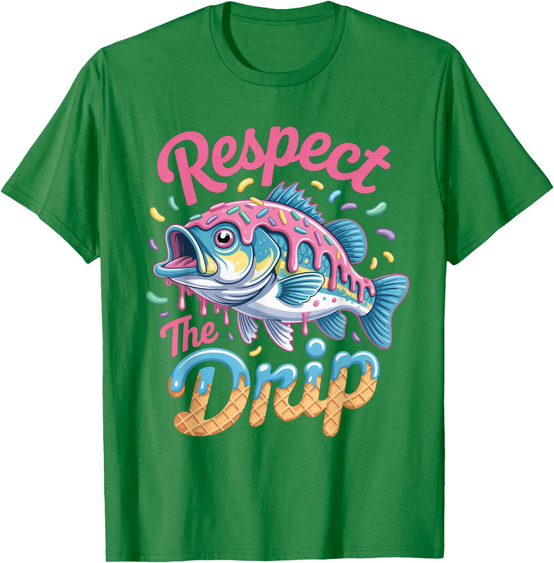 Fishermen Gifts Little Girls Boys Respect The Drip Fishing Boys Girls Fish Youth Bass Kids T-Shirt - Kelly Green