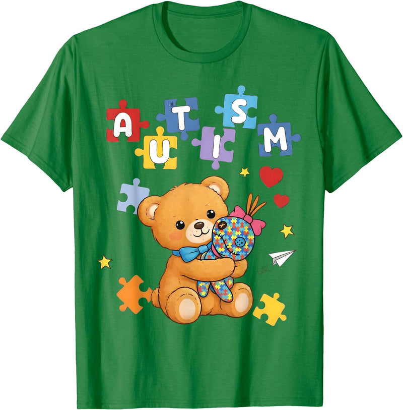 Cute Autism Awareness Puzzle Cute Autism Awareness Bear Colorful Puzzle T-Shirt - Kelly Green