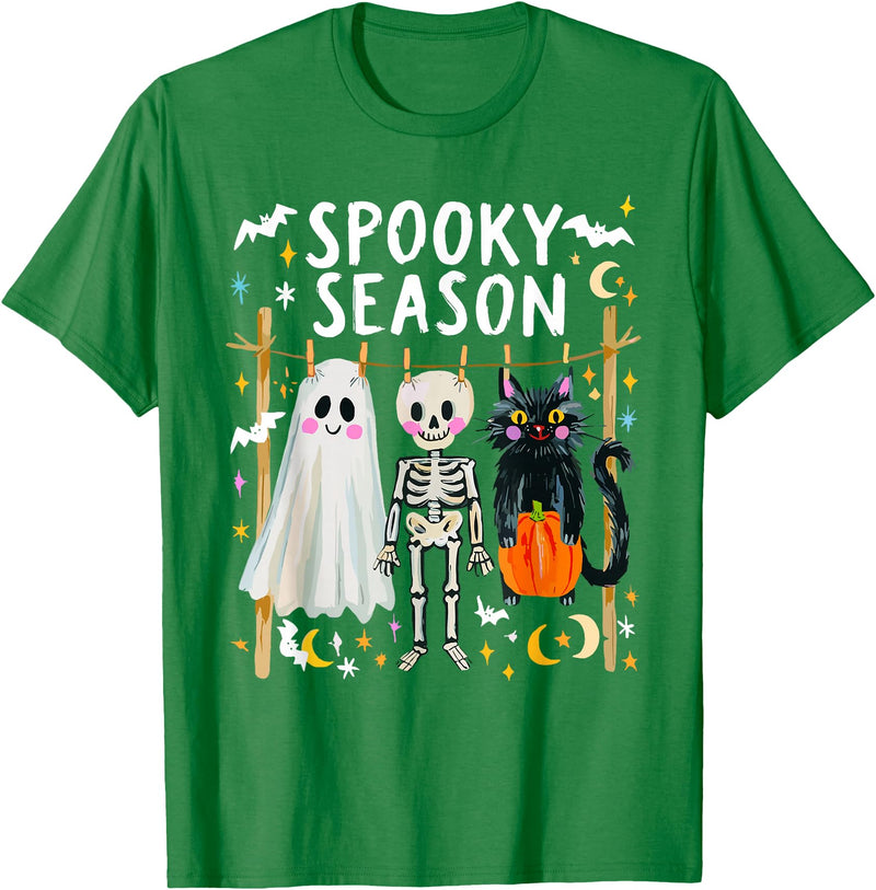 Spooky Ghost Halloween Black Cat Holding Pumpkin Preppy Halloween Ghost Skeleton Black Cat Spooky Season T-Shirt - Kelly