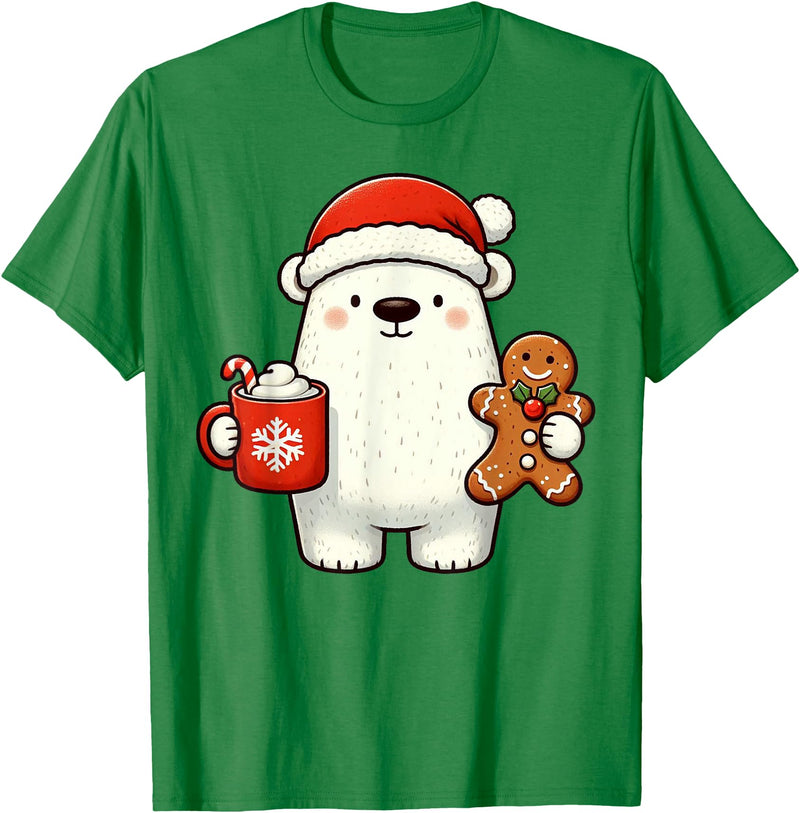 Cute Polar Bear Beanie Christmas Kawaii Japanese Polar Bear Santa Hat Christmas Holiday Xmas Coffee Cookies T-Shirt - Kelly Green