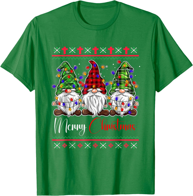 Xmas Lights Gnomes Holiday Graphics Merry Christmas Leopard Buffalo Red Plaid for Men Women T-Shirt - Kelly Green