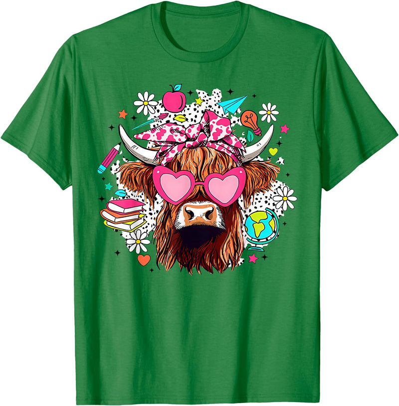 Cute Highland Cow Funny Teacher Life Retro Cute Highland Cow Teacher Bow Flower Heart Glasses T-Shirt - Kelly Green