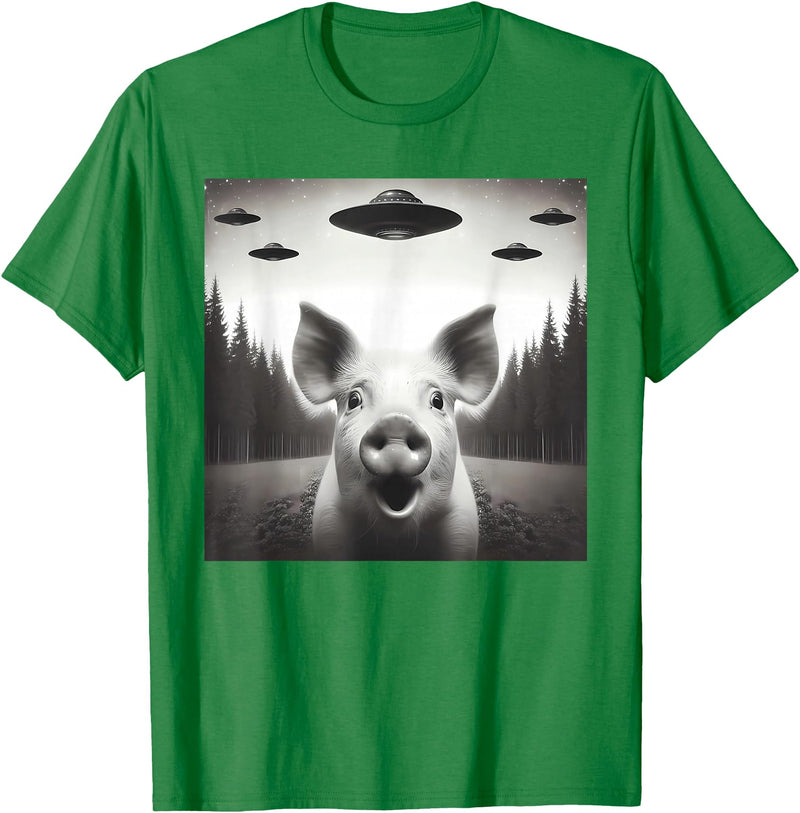 Funny Pig Selfie With UFOs Funny Pig Selfie UFO Alien Humor Vintage Print Art Design T-Shirt - Kelly Green