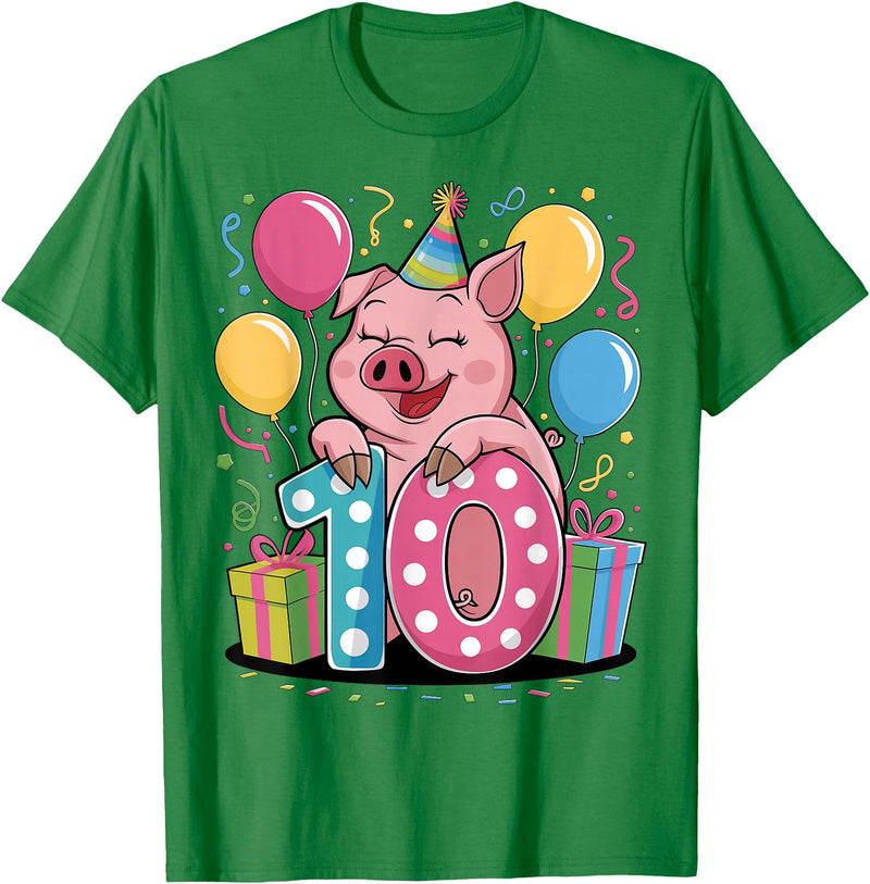10th Girls, Boys Pig 10 Birthday Pig 10th birthday for boy girl 10 years old tenth ten Pig T-Shirt - Kelly Green