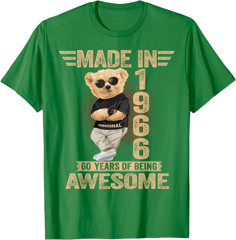 Vintage 60th Birthday 2026 Gifts Men Women 1966 60 Year Old Made in 1966 Teddy Bear 60th Birthday Men Women T-Shirt - Kelly Green
