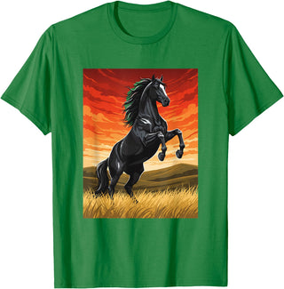 Horse Ranch Cowboy Western Equine Stallion Wy Black Horse Rearing Sunset Ranch Horse Art Print Wy T-Shirt - Kelly Green