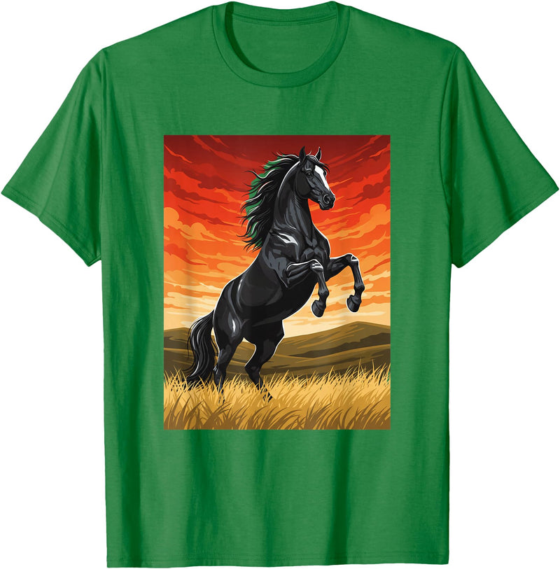 Horse Ranch Cowboy Western Equine Stallion Wy Black Horse Rearing Sunset Ranch Horse Art Print Wy T-Shirt - Kelly Green