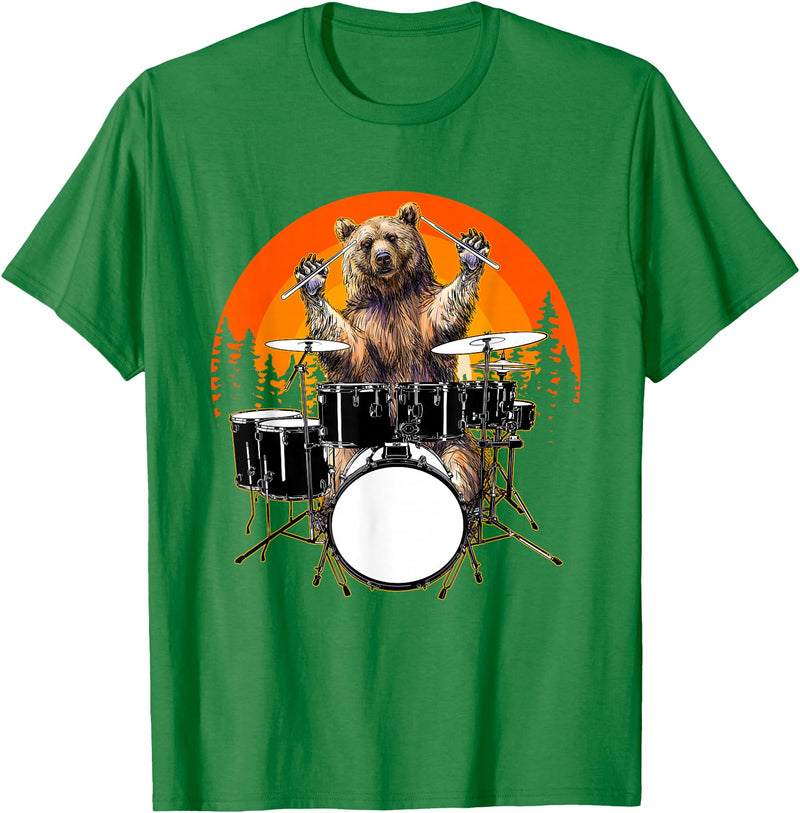 Drum Instrument Drummer Apparel Musical Animal Bear Playing Drums For Drum Lover And Musical Drummer Lover T-Shirt - Kelly Green
