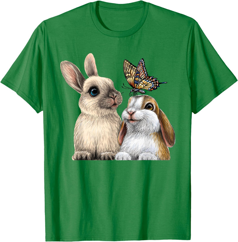 Two Cute Little Rabbits with a Butterfly for Lovers Bunny T-Shirt in Kelly Green
