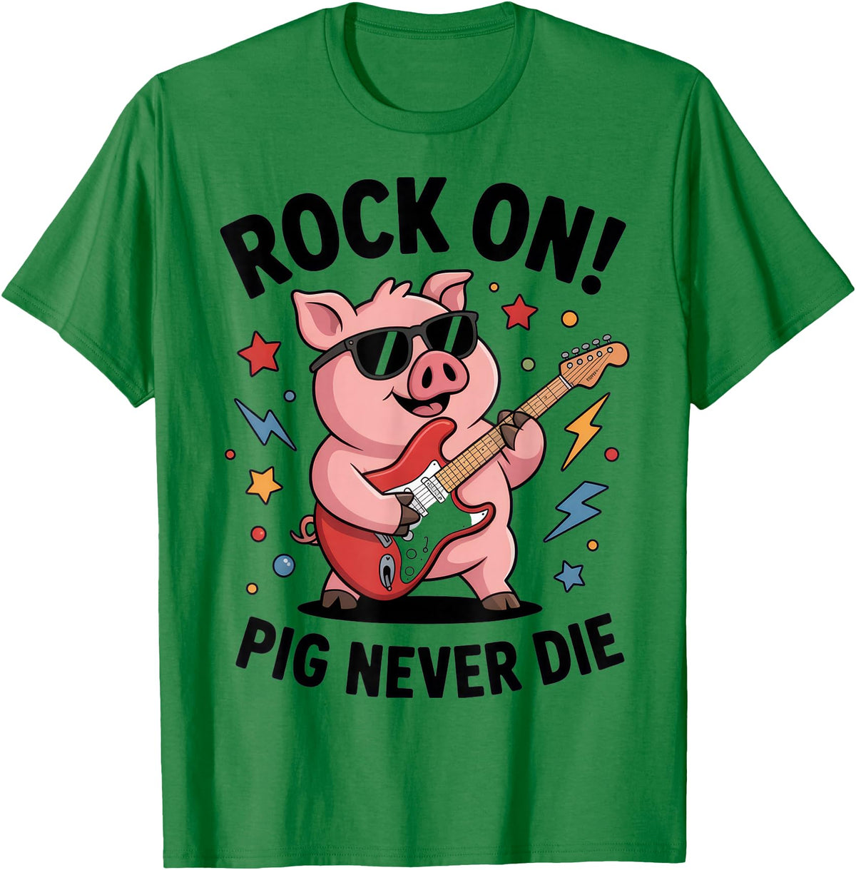 Musical Pig Tribe Collective for Rock Enthusiasts Rock On Pig Never Die Music Lovers Funny Concert Vibe T-Shirt - Kelly Green