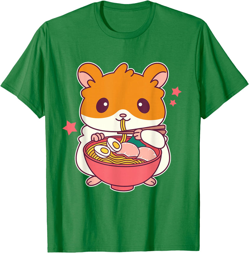 Cute Hamster Eating Ramen Hamster Lovers T-Shirt - Kelly Green