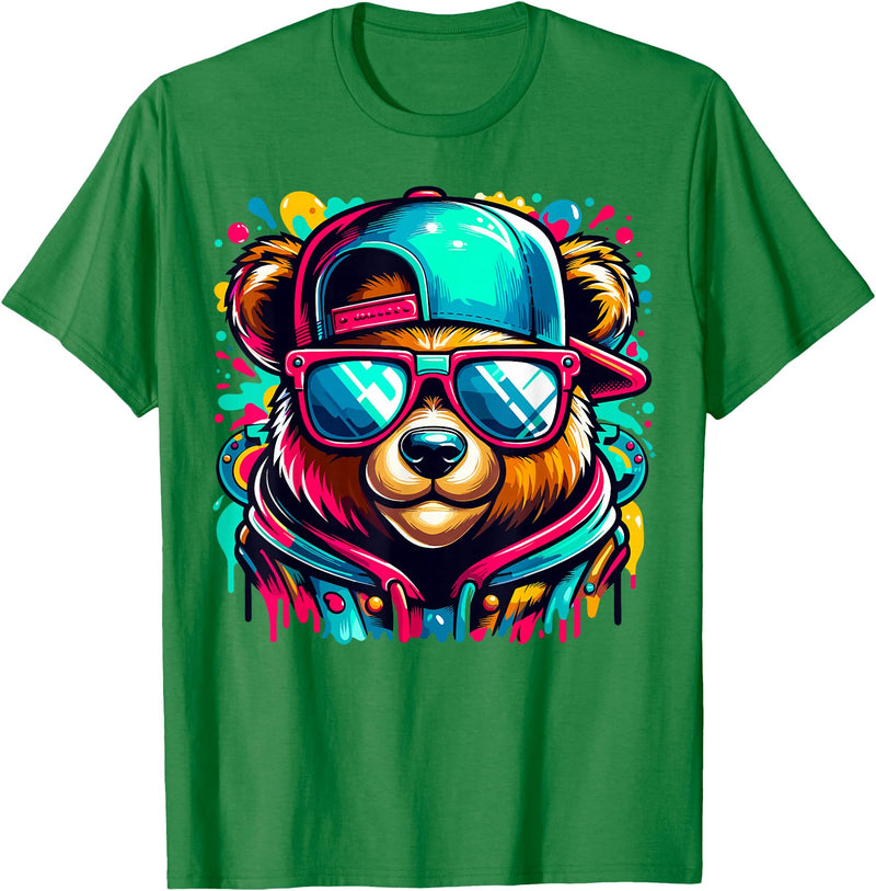 Funny Teddy Bear Lovers Colorful Hip Hop Teddy Bear Sunglasses Rap Music T-Shirt - Kelly Green