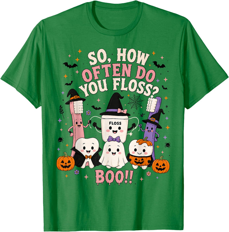 Funny Dental Dentist Halloween Tees How Often Do You Floss Funny Halloween Dentist Dental T-Shirt - Kelly Green