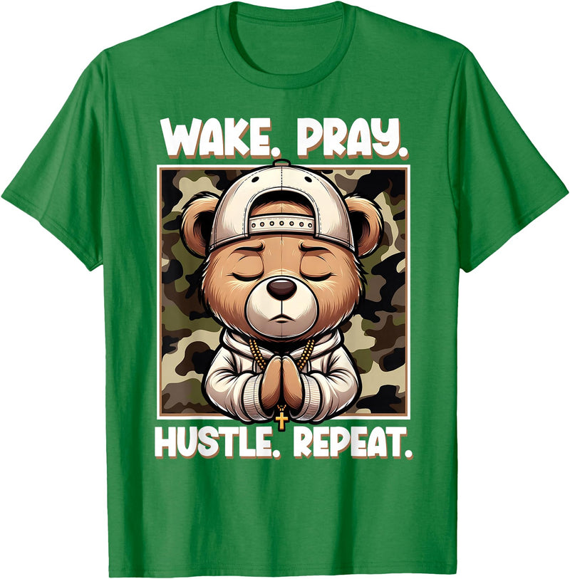Camouflage Hip Hop Teddy Bear Hustle Grind Designs Wake Pray Hustle Repeat Hip Hop Teddy Bear Boys Teens Camo T-Shirt - Kelly Green