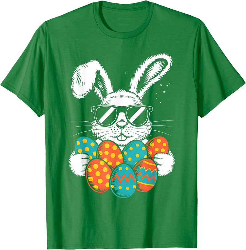 Bunny Face with Sunglasses Eggs Cool Rabbit Boys T-Shirt in Kelly Green