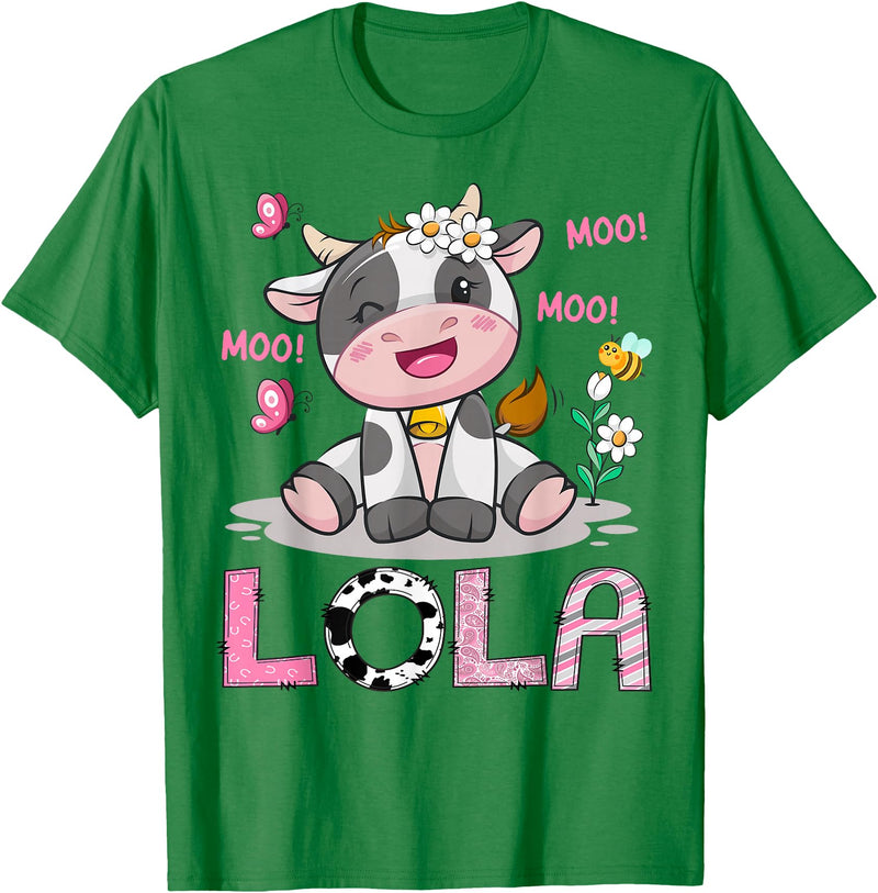 Birthday Girl Party Cow Lover Lola Cute Cow Moo Moo Farmer Birthday Girl Matching T-Shirt - Kelly Green