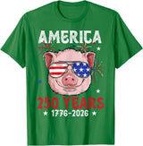 Pig Face 4th of July 1776-2026 Anniversary 250th Pig Sunglasses American Flag America 250 Years Tee 250yr Tee T-Shirt - Kelly Green