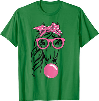 Funny Horses Lover Ladies Cute Horse Bandana Headband Glasses T-Shirt - Kelly Green