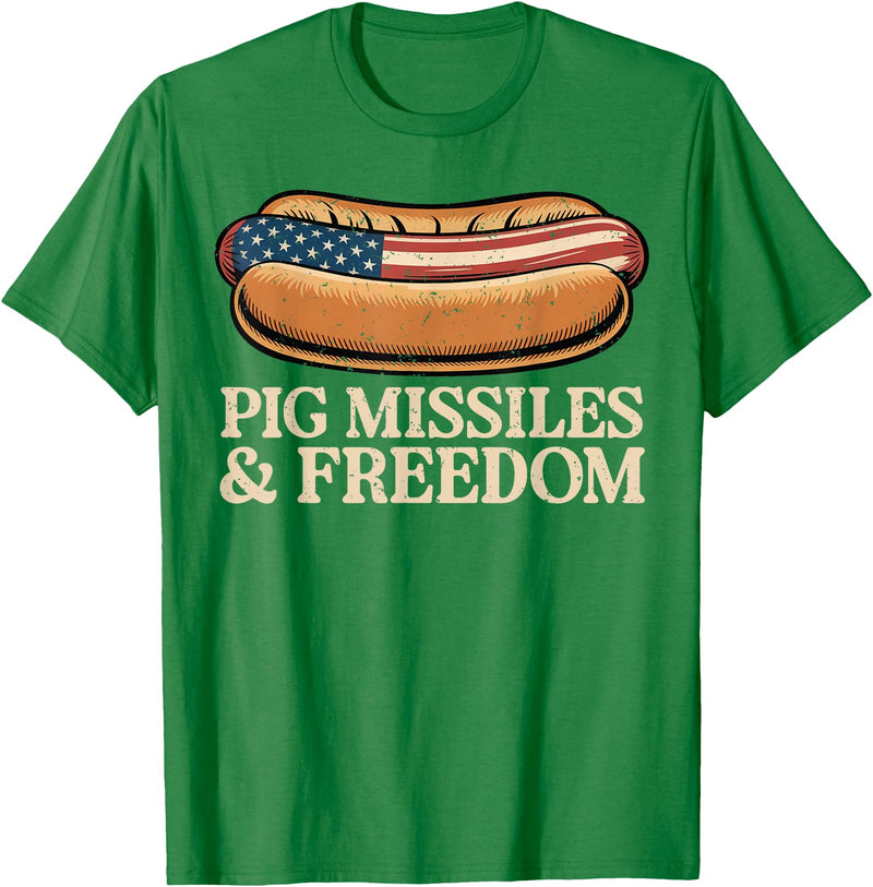 Funny Hot Dog BBQ 4th of July Tees Pig Missiles and Freedom 4th of July Patriotic Hotdog T-Shirt - Kelly Green