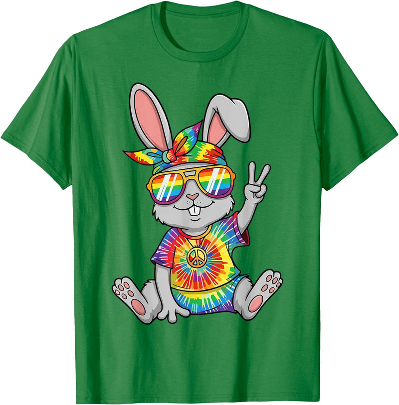 Hippie Tie Dye Rabbit Peace Sign T-Shirt in Kelly Green