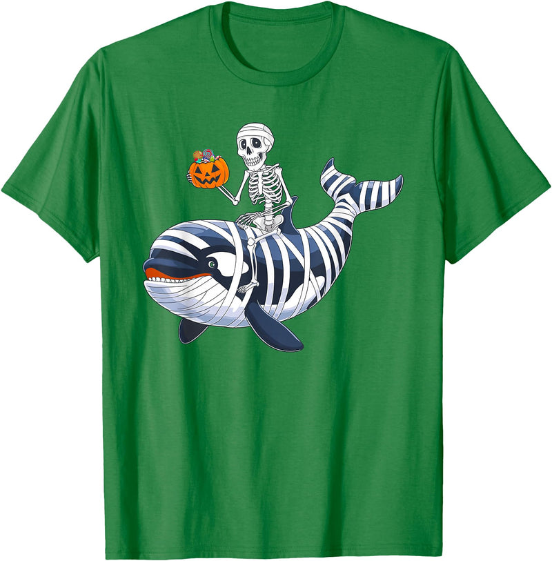 Orca Skeleton Halloween Whale Apparel Co. Skeleton Riding Mummy Orca Halloween Candy Whale T-Shirt - Kelly Green
