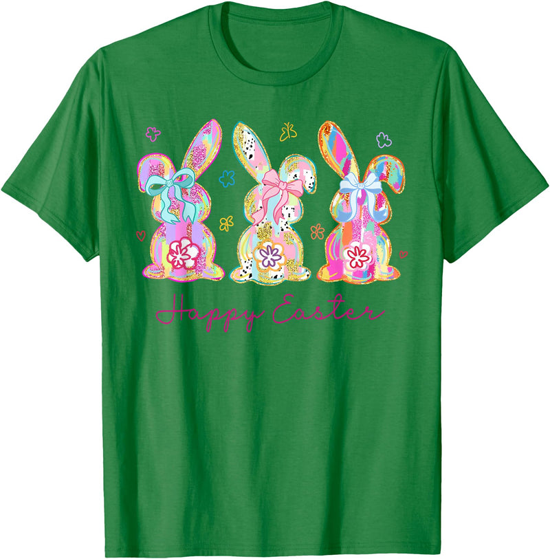 Funny Bunny Three Rabbits Eggs Happy Easter Tie Dye Trendy T-Shirt in Kelly Green