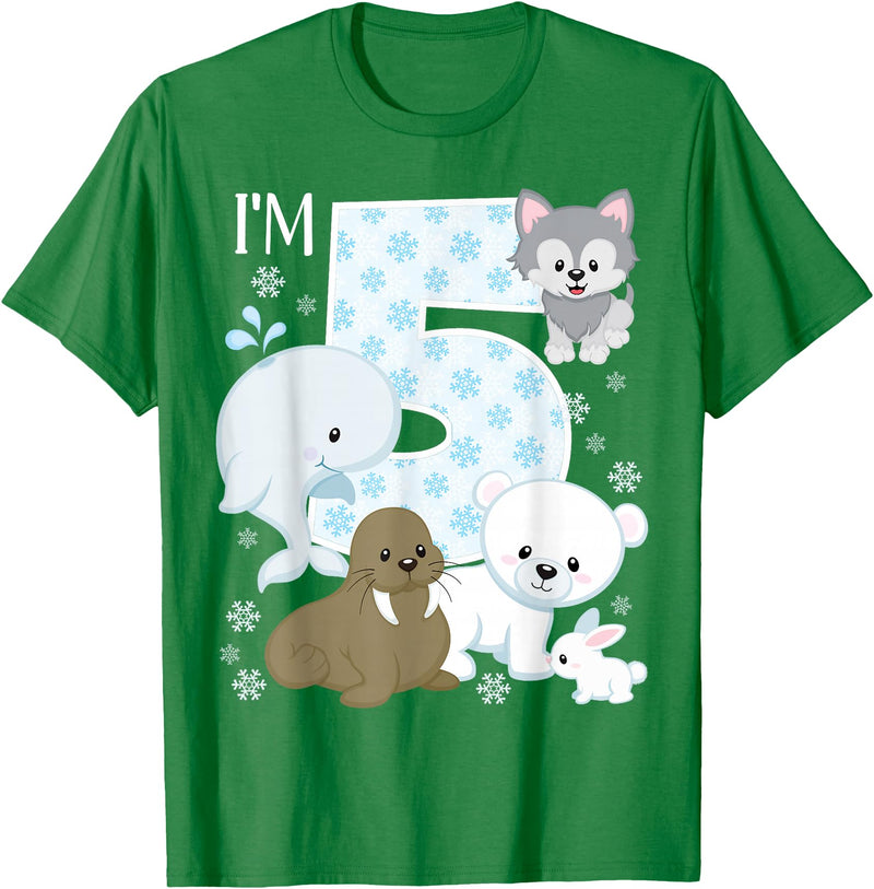 Arctic Animals Birthday Party Family Matching Bday Arctic Animals 5th Birthday Polar Bear Walrus Fox Sea Theme T-Shirt - Kelly Green