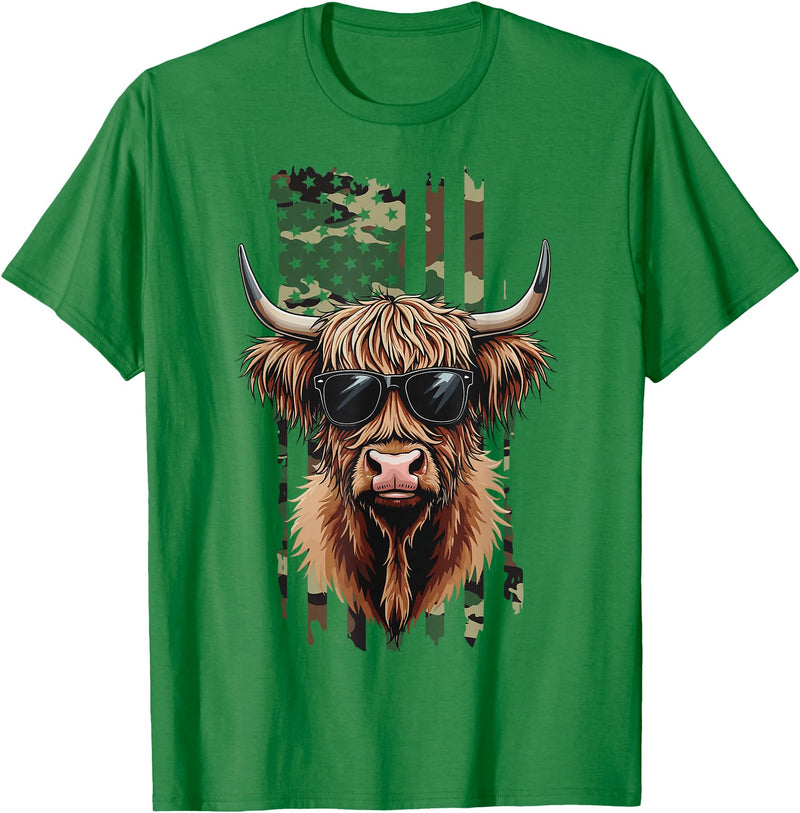 Highland Cow by AKH Highland Cow Camo American Flag, Patriotic Highland Cow T-Shirt - Kelly Green