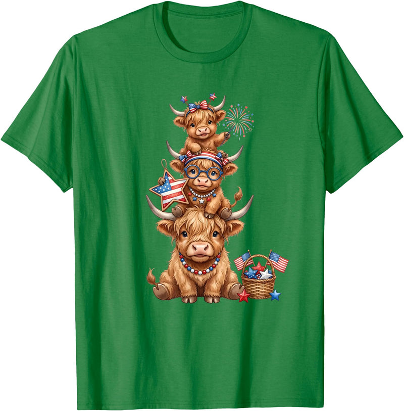 Funny 4th Of July Highland Cow Apparel Cute Highland Cow 4th of July Patriotic American Flag T-Shirt - Kelly Green