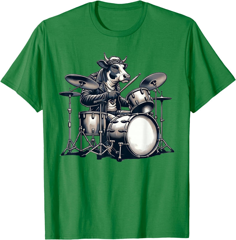 Cute Cow Playing Drums Cow Lover Apparel Cute Cow Playing Drums Cows Drummer Music T-Shirt - Kelly Green