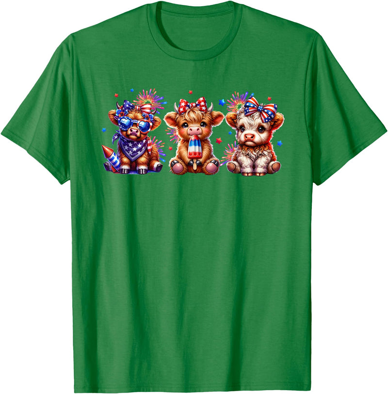 July 4th Highland Cow Farm Lovers American Costume Highland Cow Cattle Animal Lover Patriotic 4th of July T-Shirt - Kelly