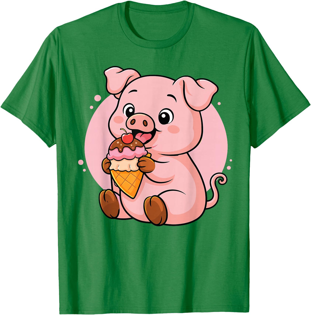 Funny Cute Pig Ice Cream Kawaii Design Pig Eating Ice Cream Graphic Boys Girls Pig Lover T-Shirt - Kelly Green