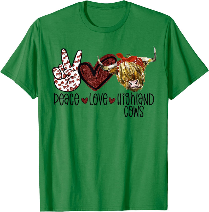 Funny Peace Love Designs Highland Beef Cow Farmers Peace Love Highland Cows T-Shirt - Kelly Green