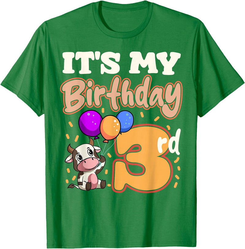 Cow Birthday 3 Party Farmyard Apparel Cow 3rd Birthday Party Balloons Moo Farm Animal Vet Barn T-Shirt - Kelly Green