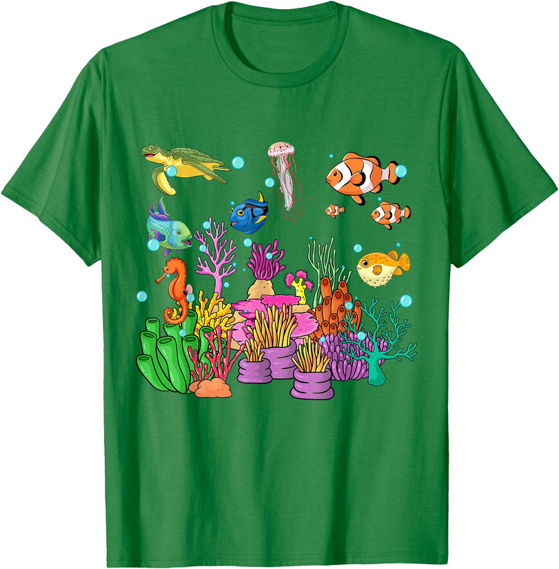 MASH MOSH Coral reef with colorful tropical Fish, Marine Life T-Shirt - Kelly Green