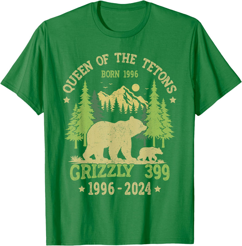 Vintage National Park Outfits Bear Lovers Apparel. Queen Of The Tetons Grizzly 399 National Park 1996-2024 T-Shirt - Kelly Green