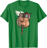 Logic Streetwear Flying Pig Funny Hand Drawn and Painted Art T-Shirt - Kelly Green