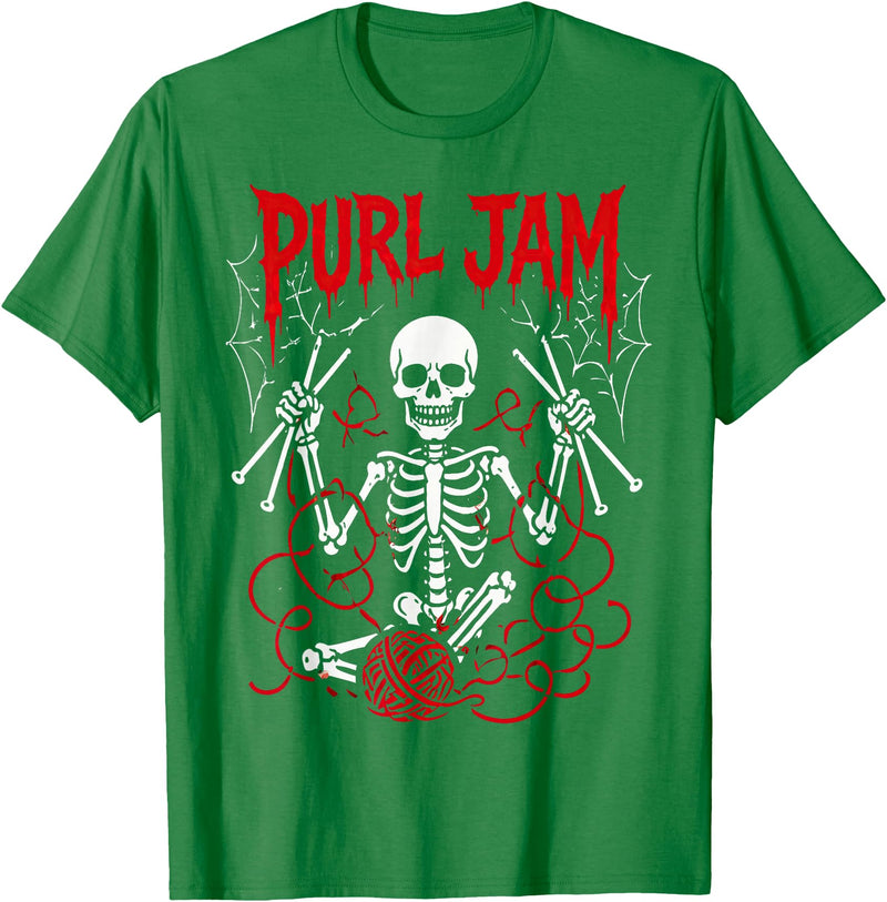 Bone Knitting Co. Purl Jam Skeleton Knitting Craft Lover Funny Design T-Shirt - Kelly Green