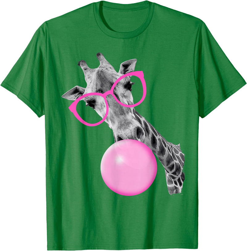 Pink Glasses and Bubblegum Animals Cool Giraffe Blowing Bubble with Pink Glasses – Funny Animal T-Shirt - Kelly Green