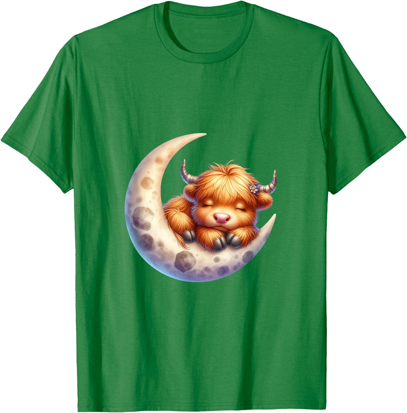 Cute Baby Highland Cow Sleeping on the Moon Heifer Farm T-Shirt - Kelly Green