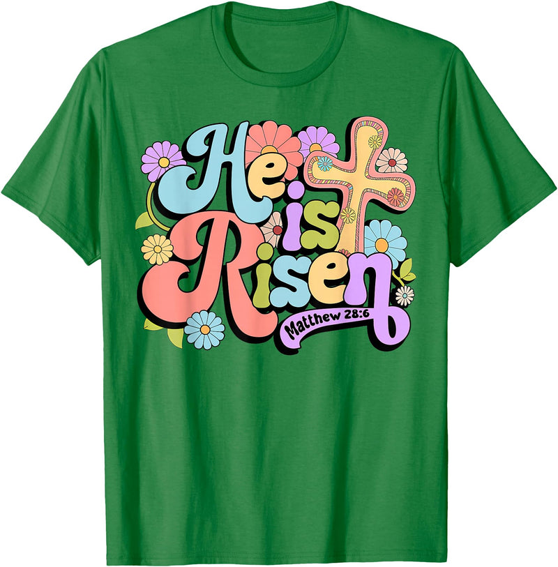 Floral He Is Risen Happy Easter Christian Bible Verse Faith T-Shirt in Kelly Green