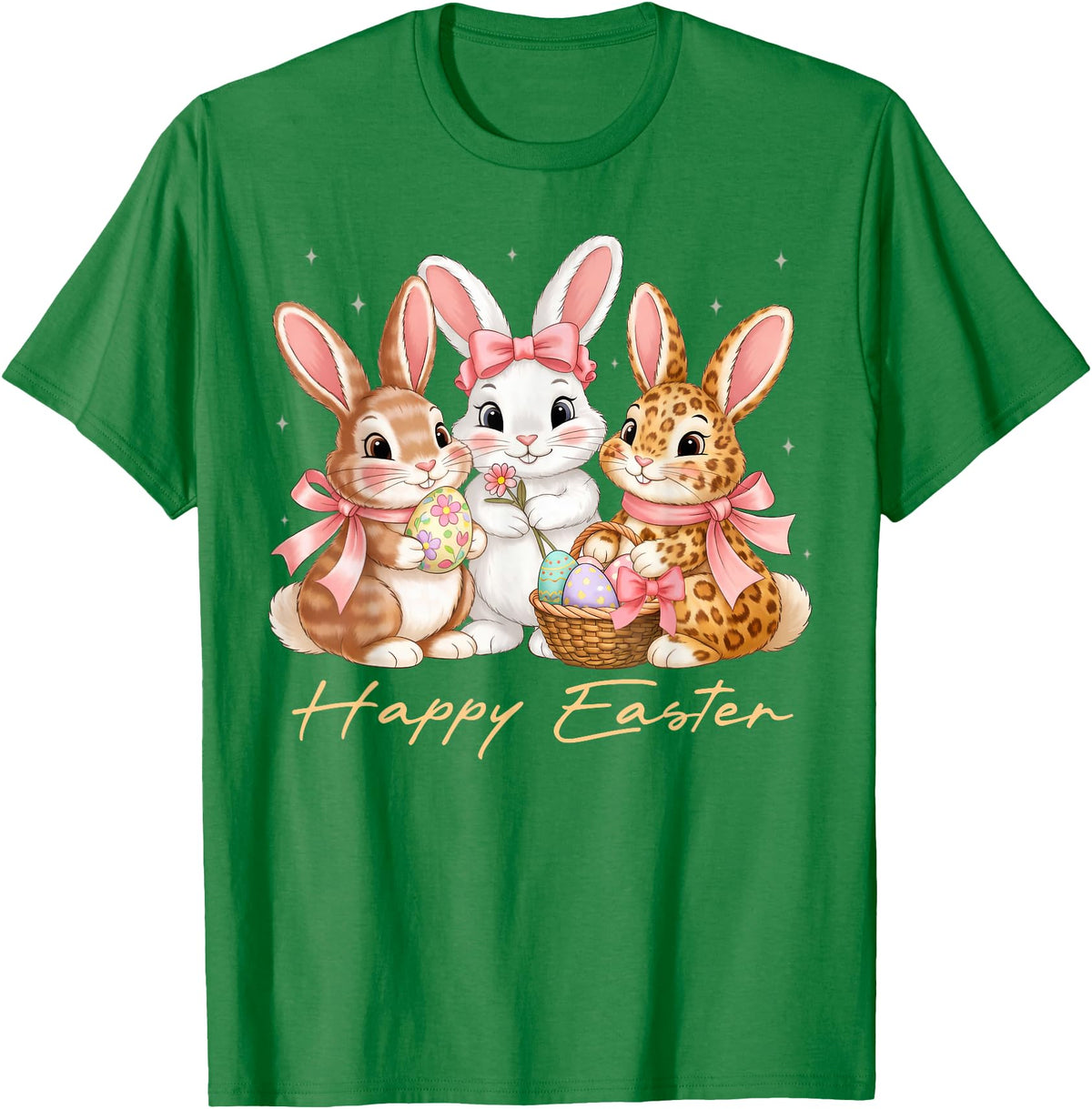 Happy Easter Women Girls Cute Bunny Rabbit Easter Day T-Shirt in Kelly Green