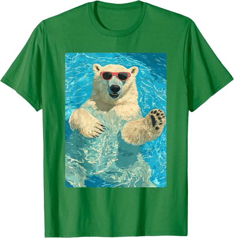 Pool Party Summer Animals Designs Funny Polar Bear with Sunglasses Summer Animal Swimming T-Shirt - Kelly Green