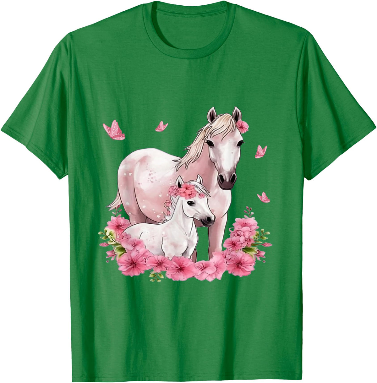 Horse Foal Butterfly Girl Flowers Horseback Riding Horse with Foal - Flowers and Butterflies T-Shirt - Kelly Green