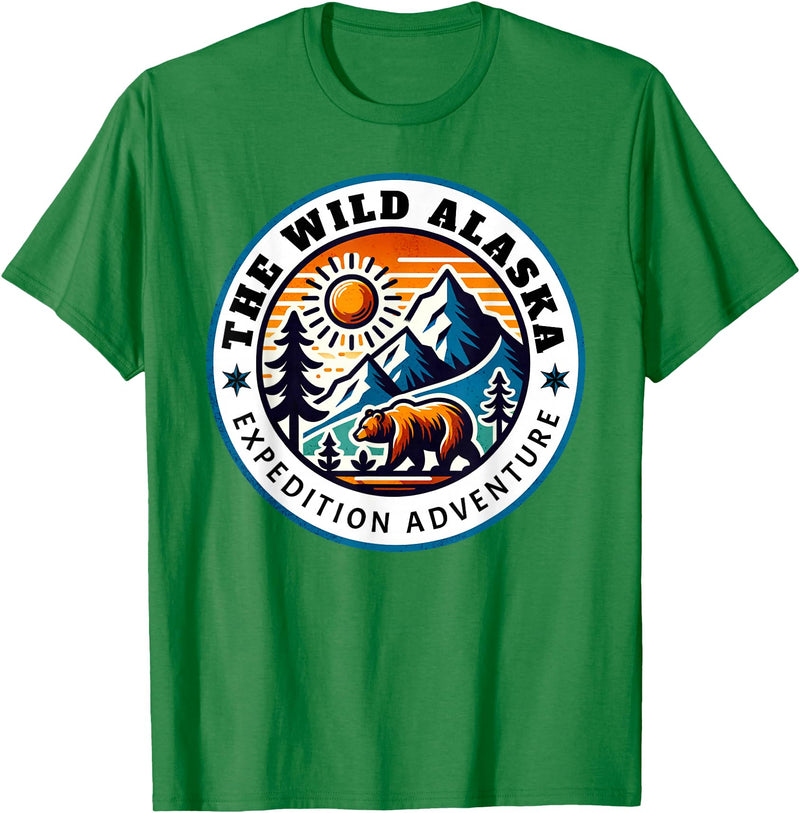 Hiking Glacier Bear and Alaska Frontier Apparel Glacier Mountain Landscape and Alaskan Bear Wildlife T-Shirt - Kelly Green