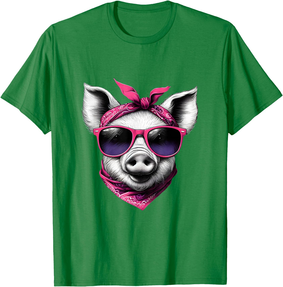 Fashionable Animals Wearing Pink Bandanas Pig Wearing A Pink Bandana Headband And Sunglasses T-Shirt - Kelly Green