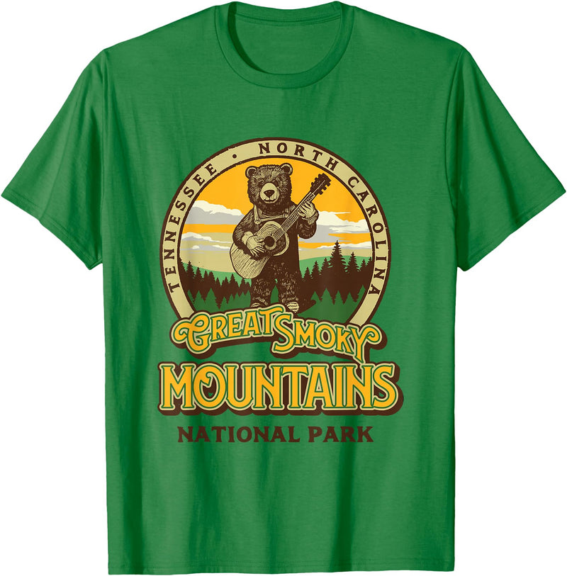The Thrift Garage Great Smoky Mountains National Park Guitar Bear Cute Smokies T-Shirt - Kelly Green